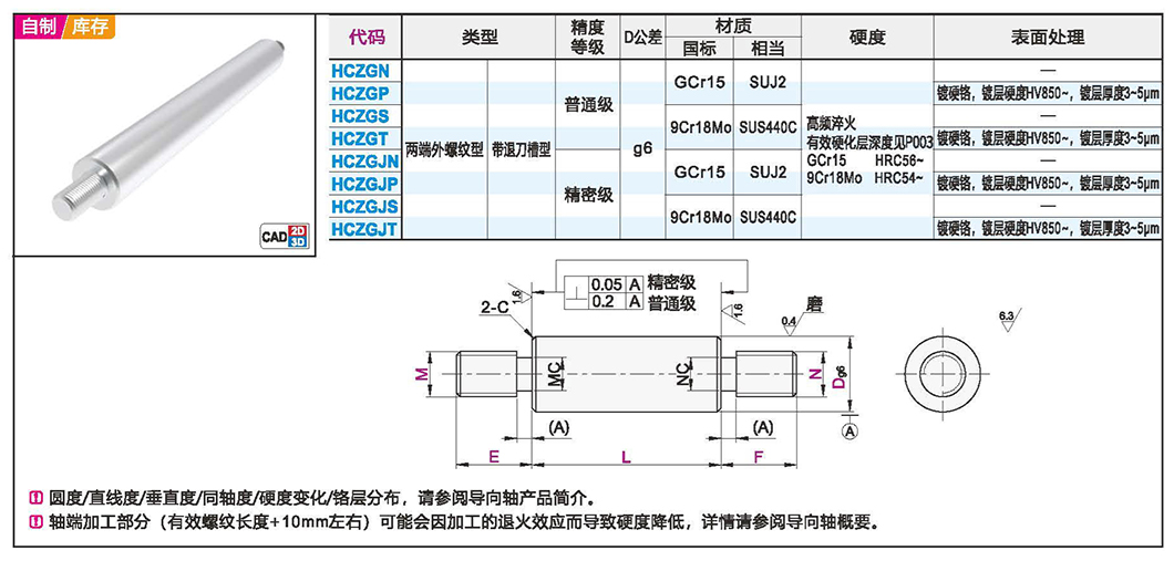 导向轴 普通级/精密级 两端外螺纹型 带退刀槽 g6材质图