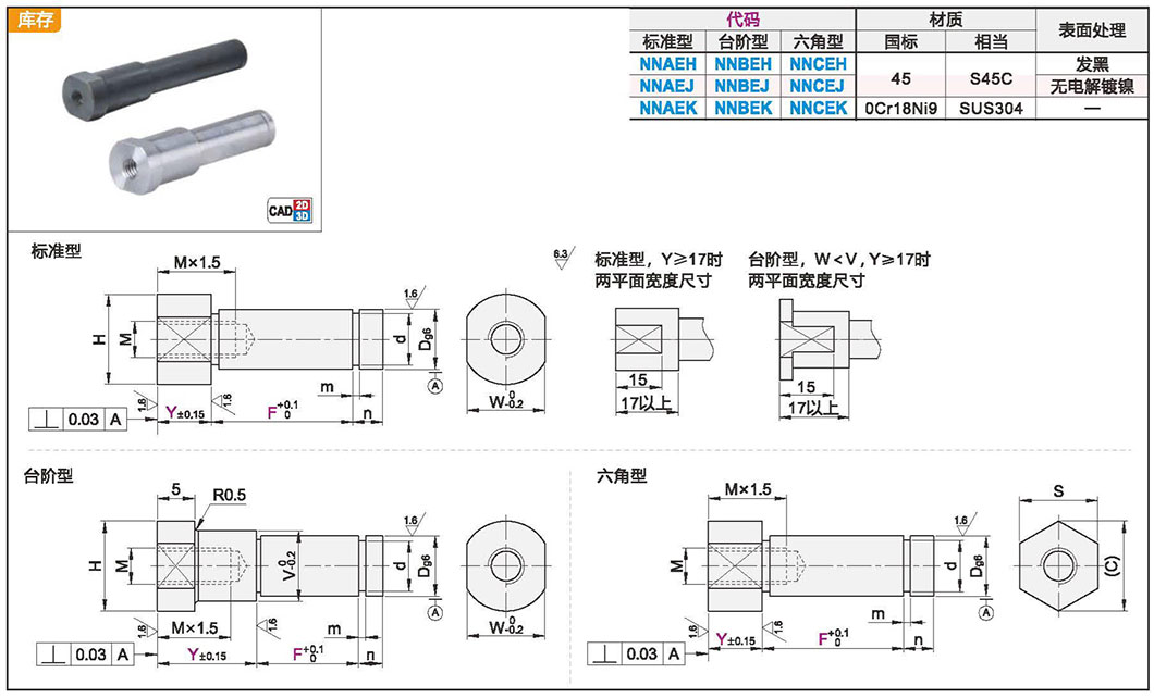 悬壁销 内螺纹安装型 带挡圈槽型 标准型/台阶型/六角型材质图