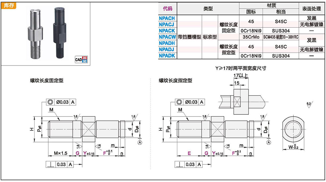 悬壁销 引导式外螺纹安装型 带挡圈槽型 标准型材质图