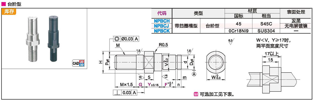 悬壁销 引导式外螺纹安装型 带挡圈槽型 台阶型材质图