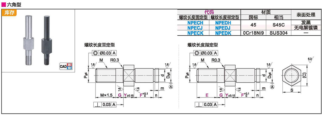 悬壁销 引导式外螺纹安装型 带挡圈槽型 六角型材质图