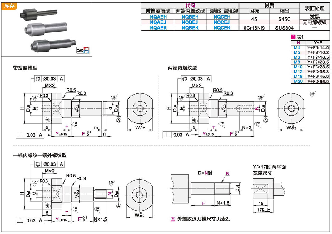 悬壁销 重载型 带挡圈槽型/两端内螺纹型/一端内螺纹一端外螺纹型材质图
