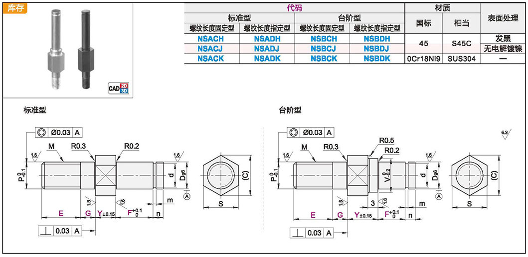 悬壁销 张紧轮用型 六角型 带挡圈槽型 标准型/台阶型材质图